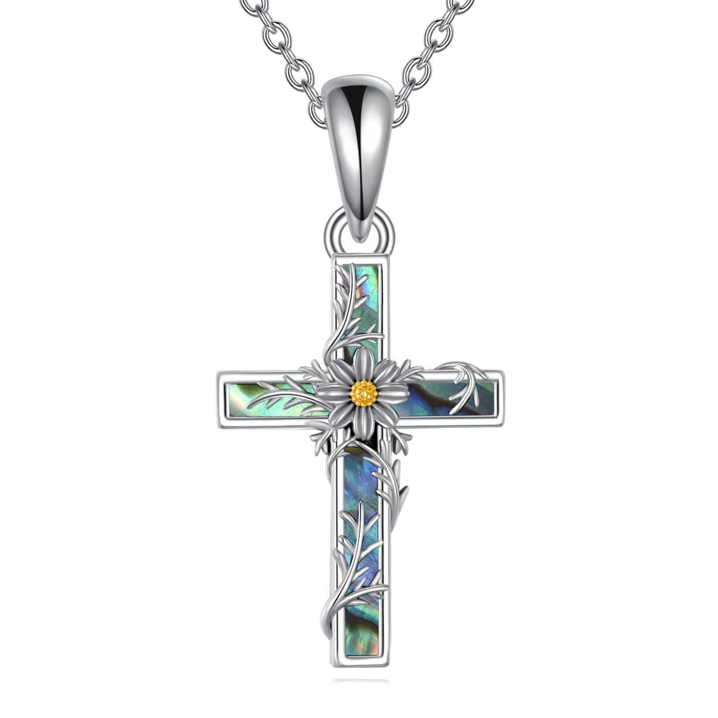 YFN Cosmos Cross Necklace Sterling Silver Flower Cross Pendant Abalone Shell Jewelry Religious Christian Baptism Gifts for Her Women