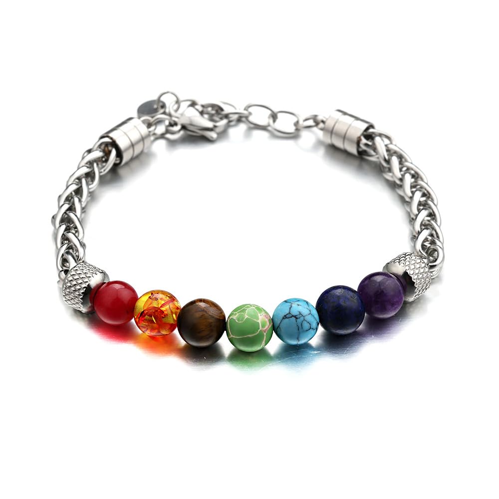LIU JUN 7 Chakra Bracelet For Men, 8MM Natural Stone Pineapple Beads Stainless Steel Adjustable Silver Cuban Link Chain Handmade Power Healing Gift Jewelry (7 Chakra)