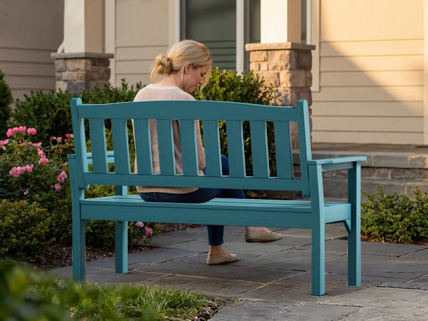 Psilvam 3-Person Outdoor Memorial Bench, All-Weather Poly Lumber Garden Bench, Rot-Resistant Outdoor Patio Bench for Park,Porch,and Church(Blue)