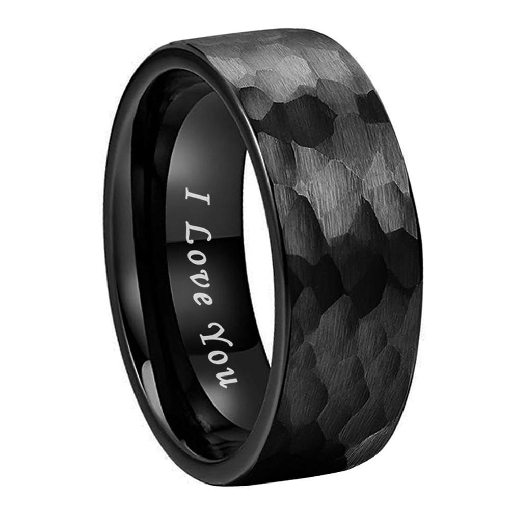 TUTISS 8mm Black Hammered Tungsten Carbide Rings for Men Women Fashion Engagement Wedding Bands Matte Finish I Love You Engraved Comfort Fit Size 10