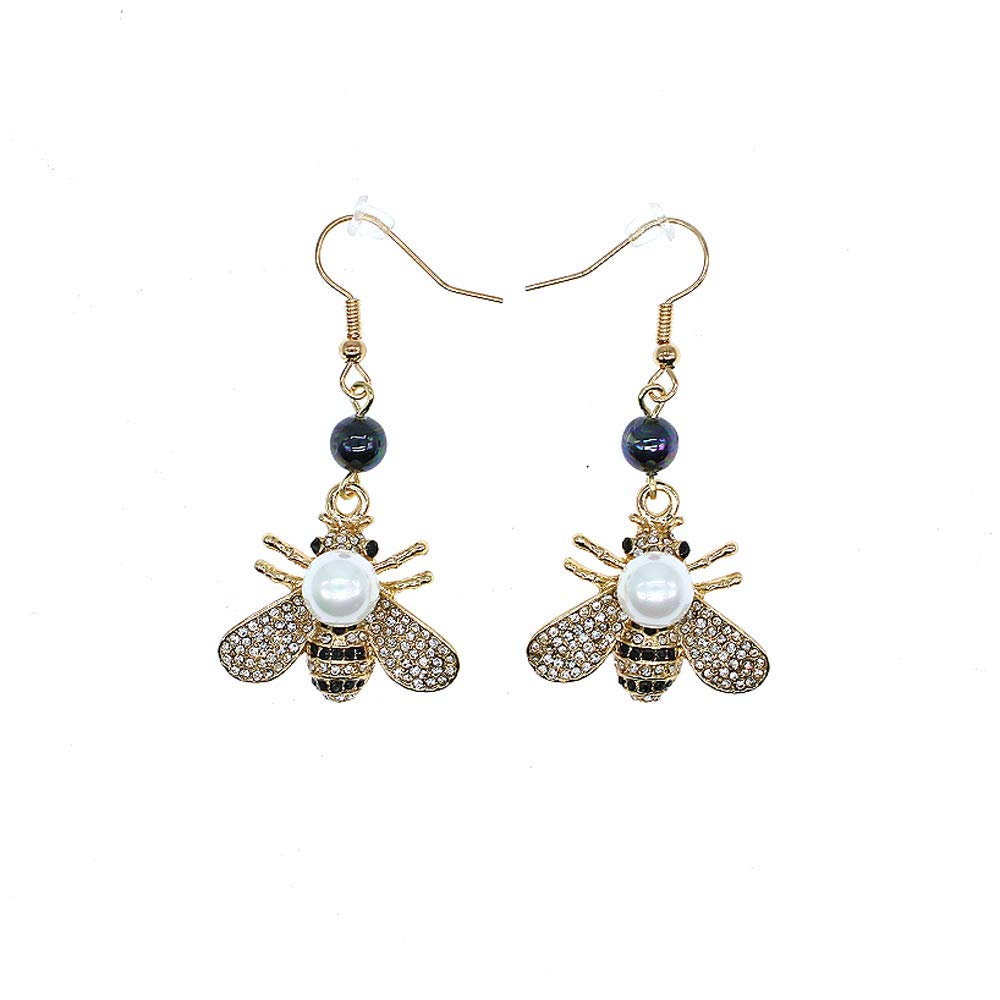 Honey Bee Drop Earrings Crystal Insect Themed Dangle Earring Animal Fashion Shell Pearl Hook Earring Gold Tone for Women Jewelry (white pearl +black pearl hook)