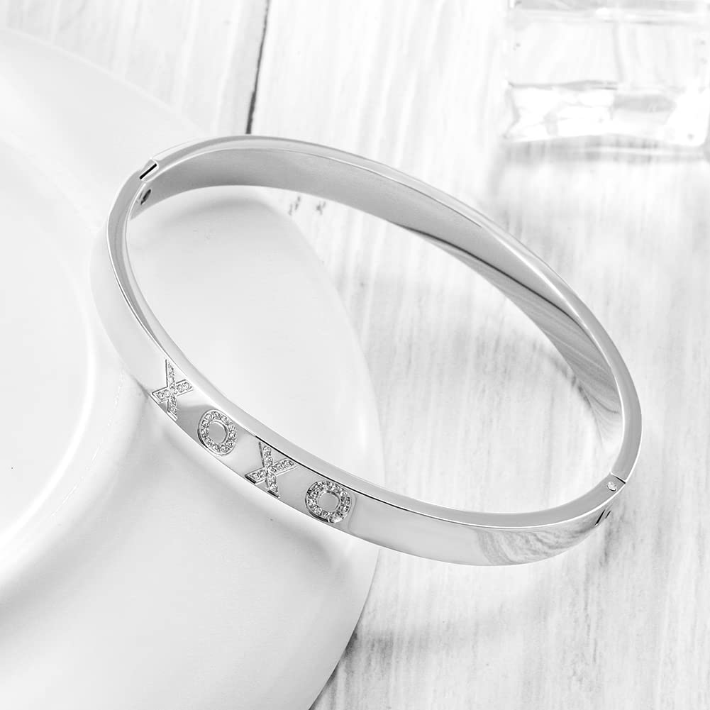 WISTIC Gold Plated Bangle Bracelet for Women, Silver Engraved Letter Cuff Bracelet with CZ, Fits 6.0–7.0 Inch Wrist, 2.4in Inner Dia., Rose Gold Stainless Steel Hinged Bangle Jewelry, XOXO, Silver
