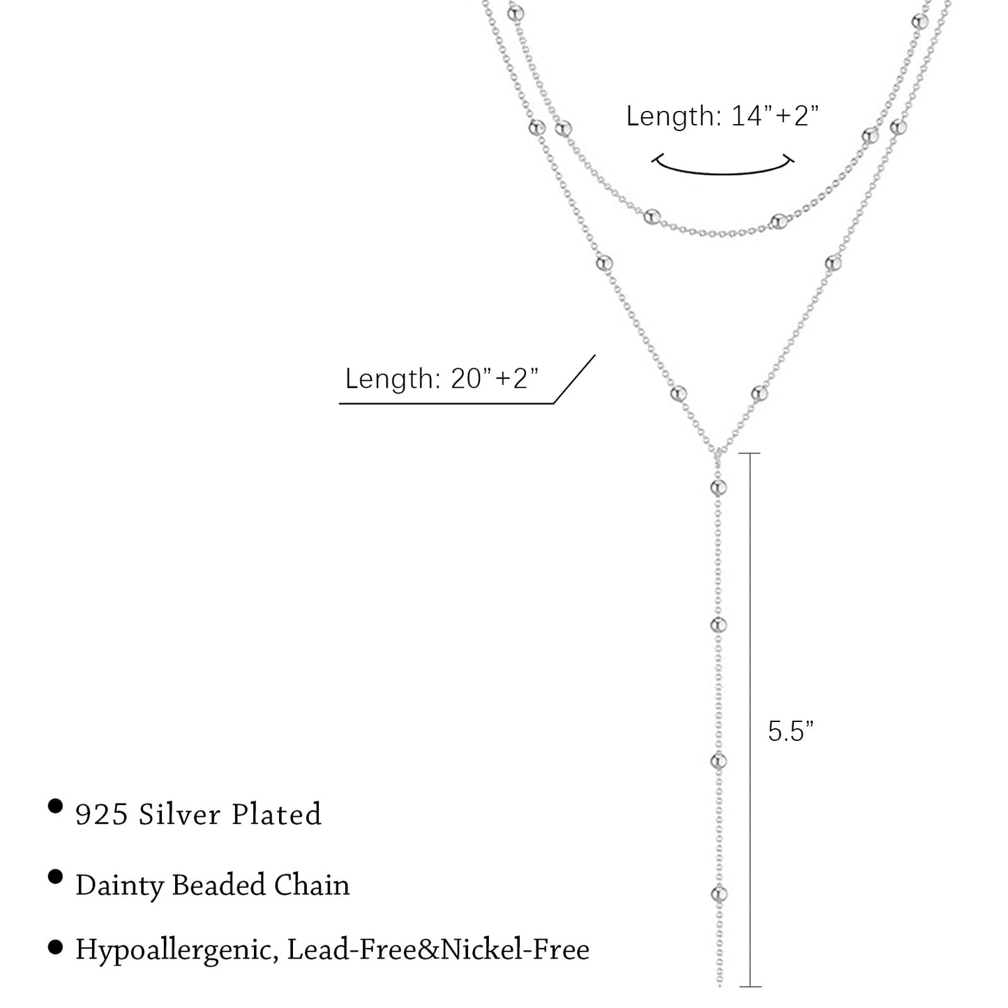 Airmb Silver Necklaces for Women Dainty Long Trendy Y Necklace 925 Silver Plated Lariat Necklaces for Women Trendy Layered Beaded Necklaces Simple Y Necklace Jewelry for Woman