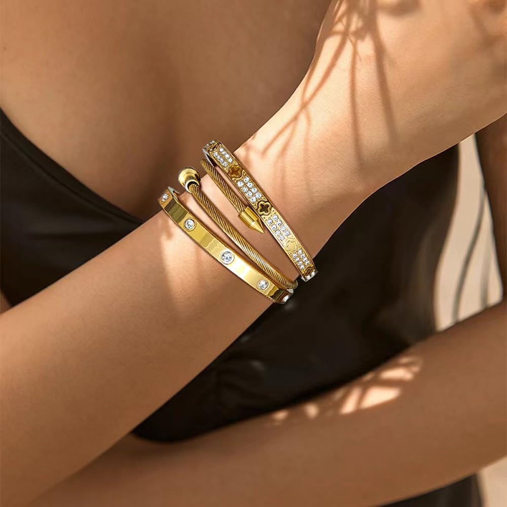 18K Gold Plated Nail Bracelets Set for Women Clovers Bangle Love Bangle Cubic Zirconia Bracelet 3Pcs Stackable Bracelet Set Trendy Gifts for Women