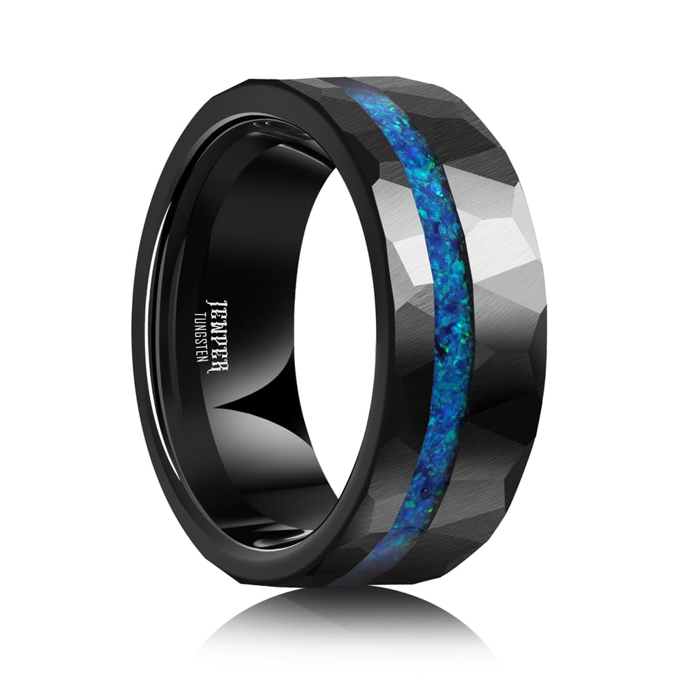 JEWPER 8mm Men Womens Wedding Band Tungsten Rings Black Blue Hammer pattern Fashion Promise Carbide Inlaid Opal Matte Finish Edge Comfort Fit Size(12)