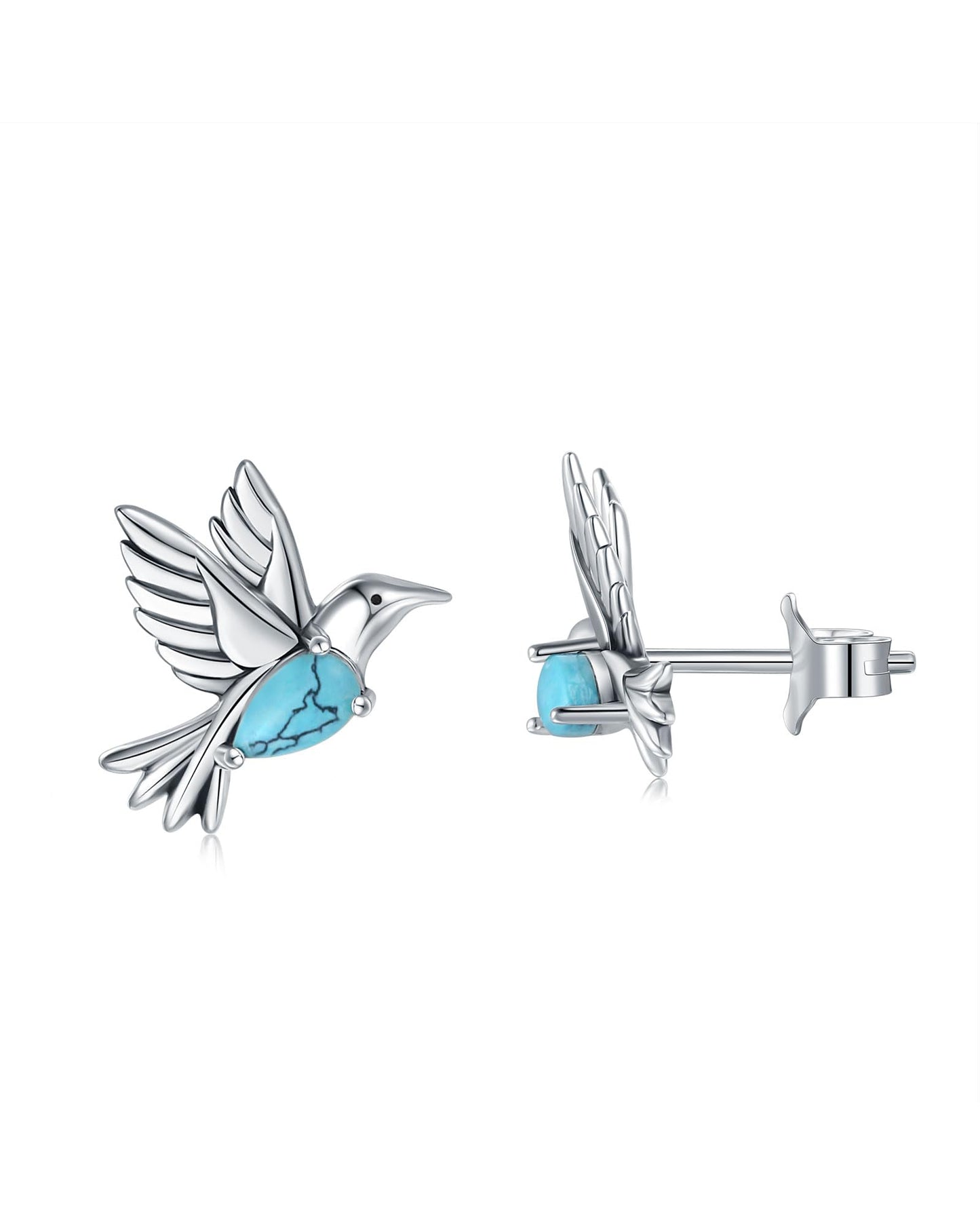 S925 Sterling Silver Turquoise Dragonfly Sunflower /Hummingbird/Butterfly/Cross/Anchor Earring Vintage Bohemian Jewelry Natural Drop/Stud Earrings Birthday Jewelry Gifts for Women (Hummingbird Turquoise Stud-Earrings)