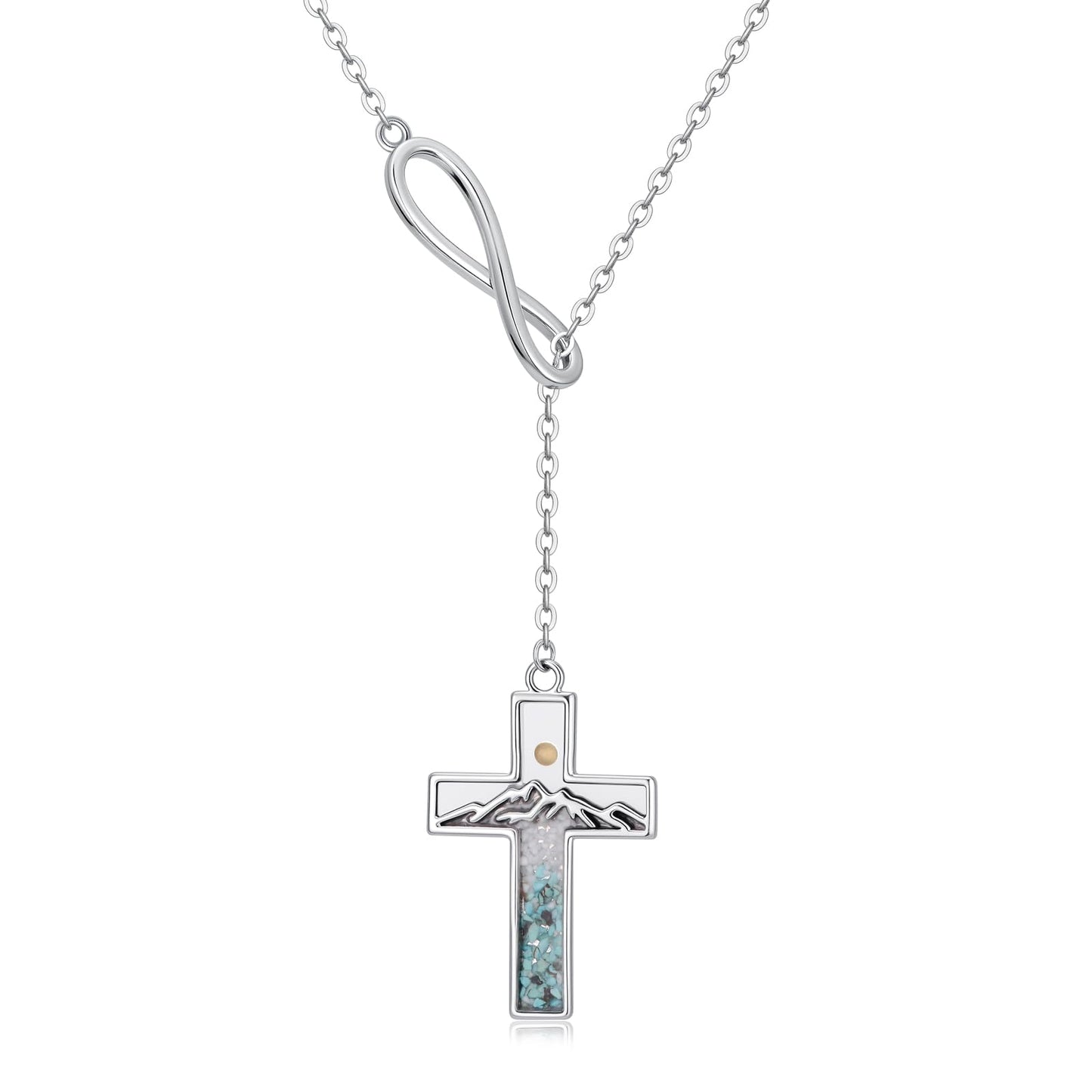 Suiknsn Mustard Seed Necklace for Women 925 Sterling Silver Turquoise Mountain Y-Necklace Faith Cross Pendant Necklace Christian Jewelry Nature Hiking Gifts for Girlfriend