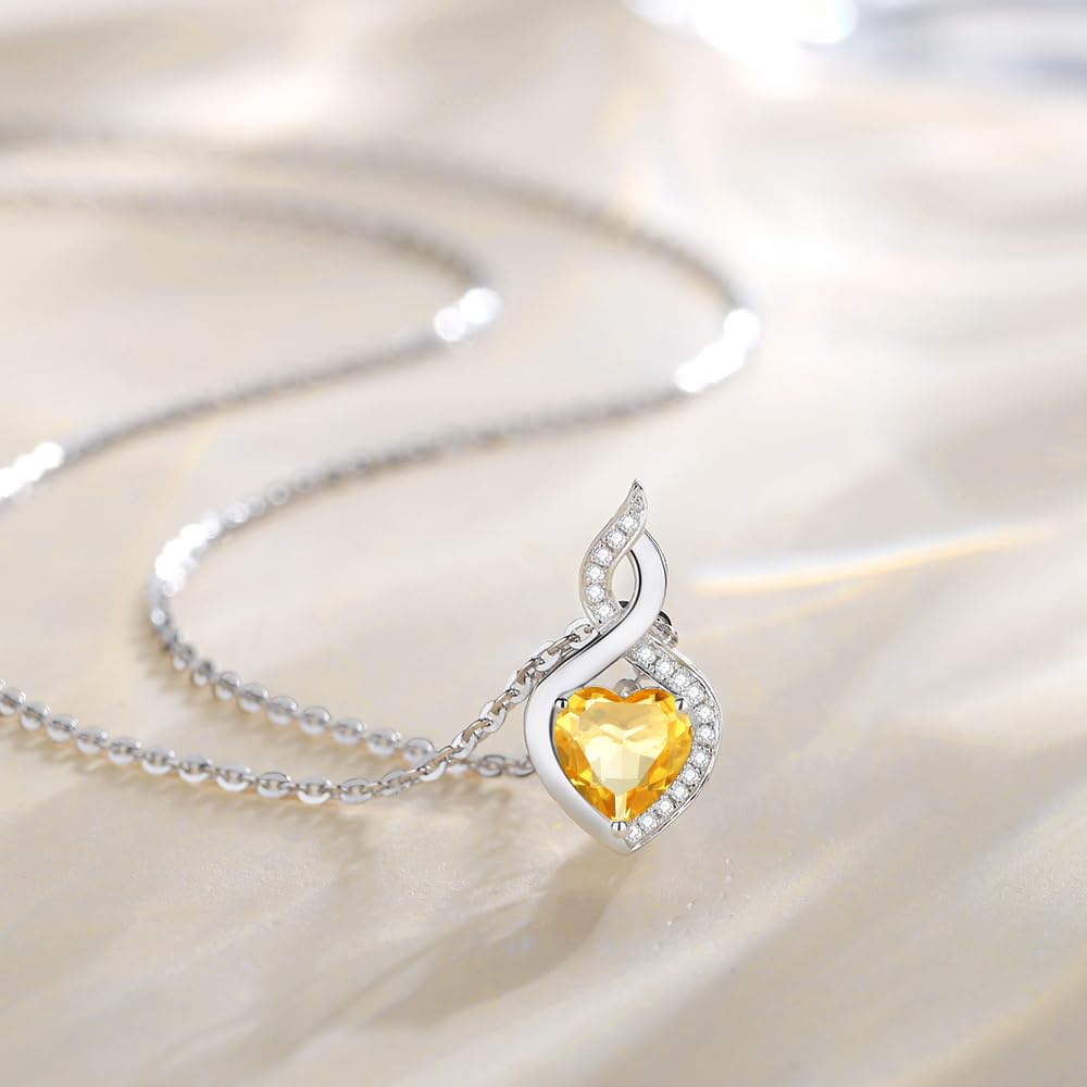 FANCIME Citrine Necklace 14K Solid White Gold Heart Pendant with Diamond November Birthstone Necklace Jewelry Gifts for Mom Women