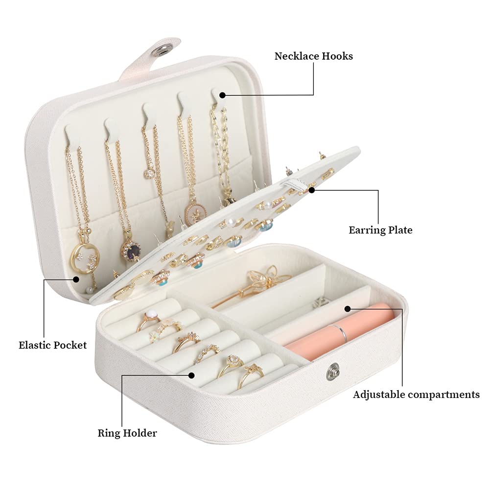 Travel Jewelry Box, Small Jewelry Organizer Boxes for Women Girls, 2 Layer Travel Jewlery Case, PU Leather Mini Portable Jewerly Storage Display Holder for Earrings, Ring, Necklaces, Bracelets - White