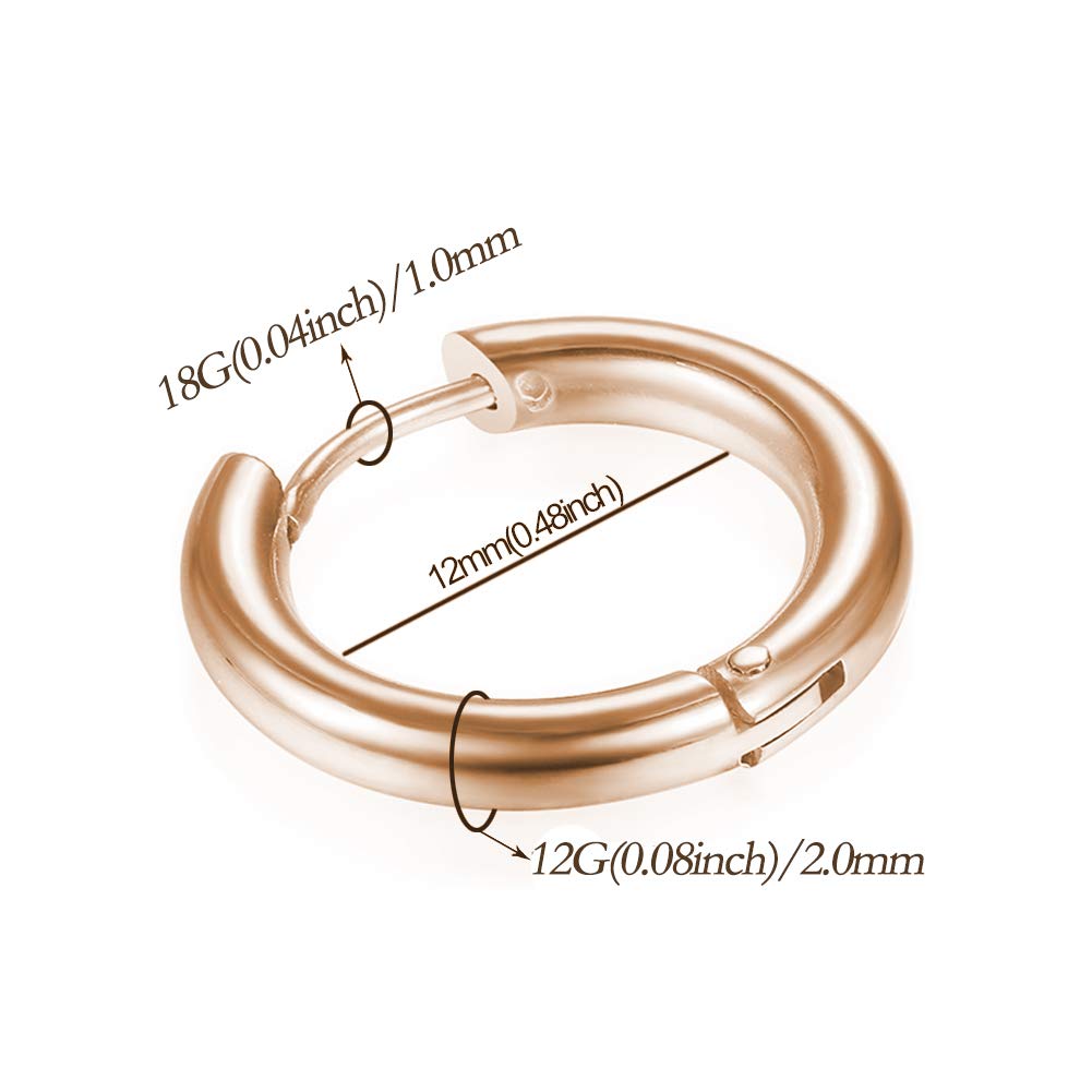 316L Surgical Stainless Steel Huggie Hoop Earrings 12mm Rose Gold Hypoallergenic Earrings Hoop Cartilage Helix Lobes Hinged Sleeper Earrings For Men Women (E04:12mm Rose Gold(THK 2.0mm))