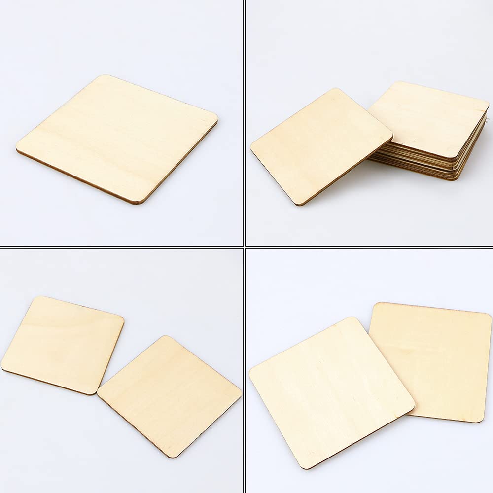 TKOnline 100Pcs Unfinished Wood Pieces, 3 x 3 Inch Blank Natural Wood Square Wooden Slices Wooden Board for DIY Crafts, Painting, Coasters, Scrabble Tiles, Decoration