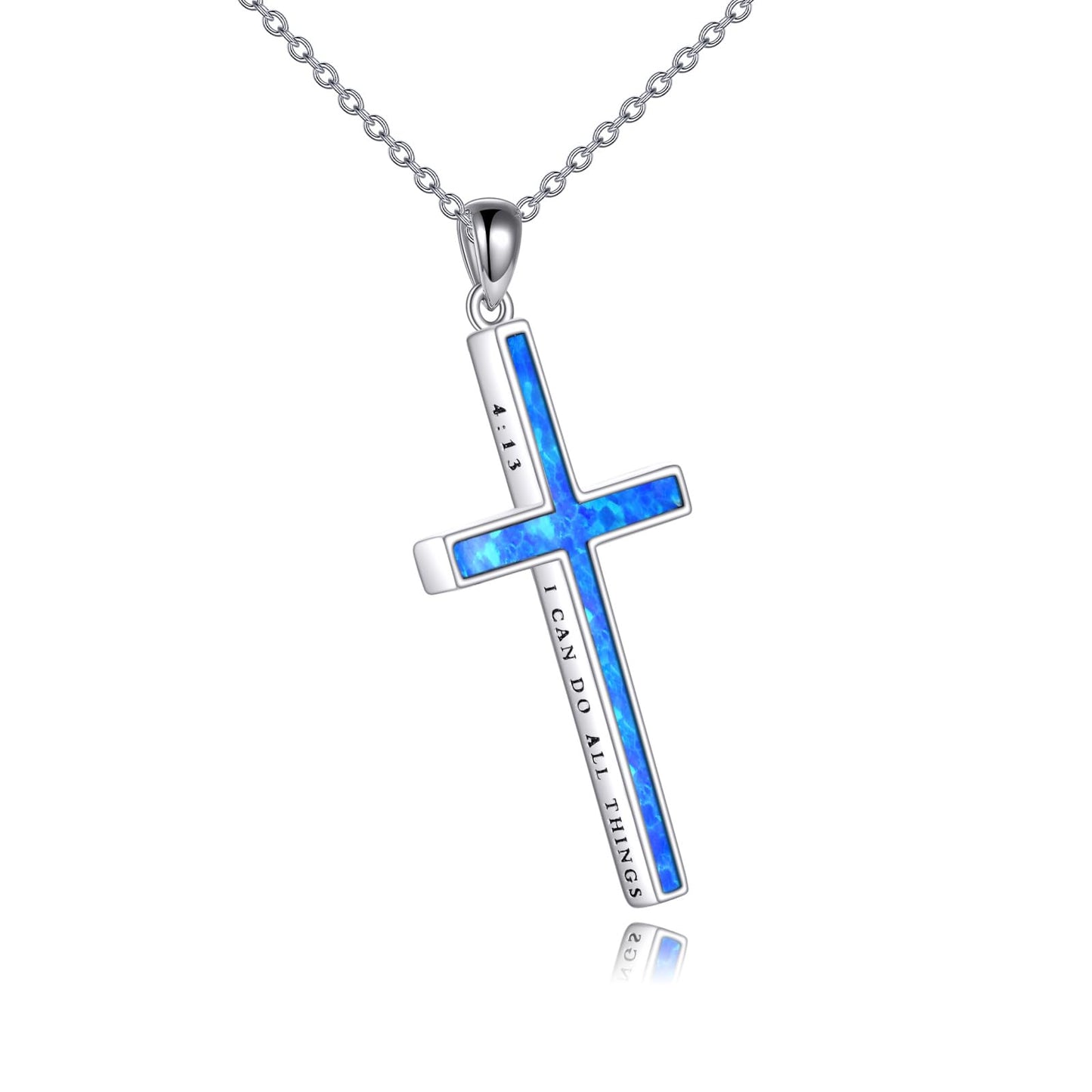 YFN I Can Do All Things Cross Necklace Sterling Silver Blue Opal Cross Pendant Thin Cross Jewelry Gifts for Women Men