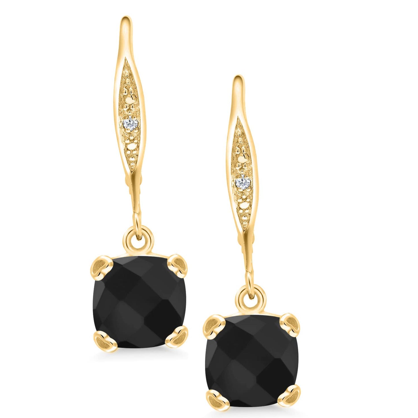 Gem Stone King Drop Dangle Earrings For Women | 7MM Cushion Cut Gemstone Birthstone and Diamond | 925 Sterling Silver | Jewelry Gift for Mom Wife Her | Onyx-Checkerboard-December | Yellow Gold