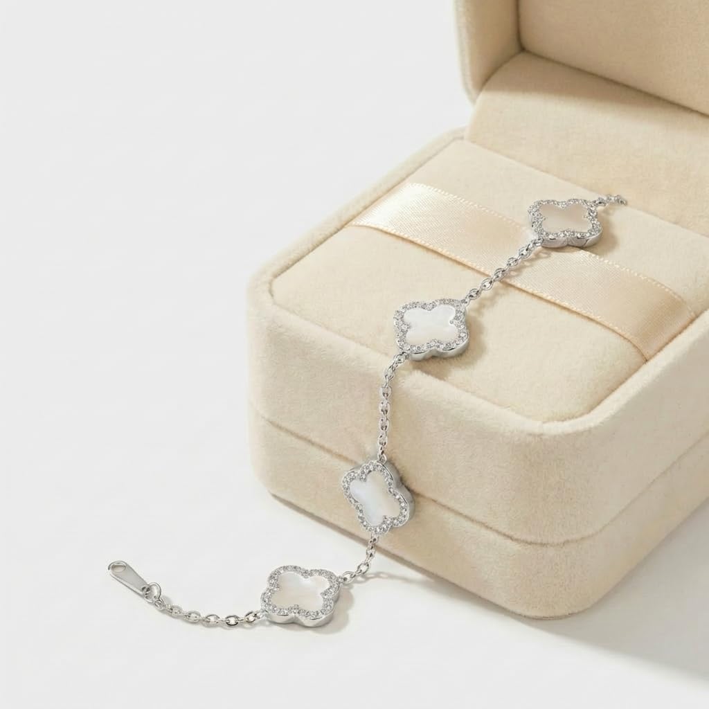 SHINYY Four Leaf Clover Bracelet for Women | 18K Gold Plated Cubic Zirconia Link Bracelet | 4 Leaf Lucky Jewelry Gift for Her (White Silver)