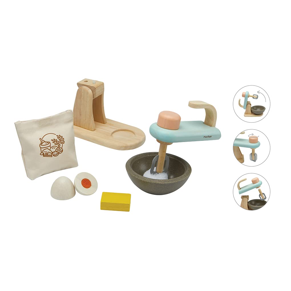 PlanToys® Wooden Stand Mixer Toy for Kids | Montessori Pretend Play Kitchen Appliance with Mixing Bowl, Egg, Butter & Flour | Toddler Baking Set & Cooking Toy for Ages 2+