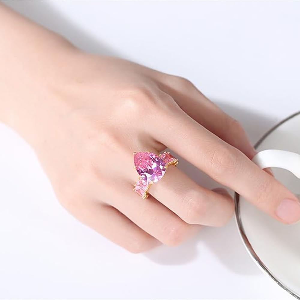 Orbelix 14K Gold Teardrop Shape Ring, Pear Cut Radiant Cut Moissanite Ring, A Sparkling Tear of Joy for Celebrated Moments (Pink, 8)