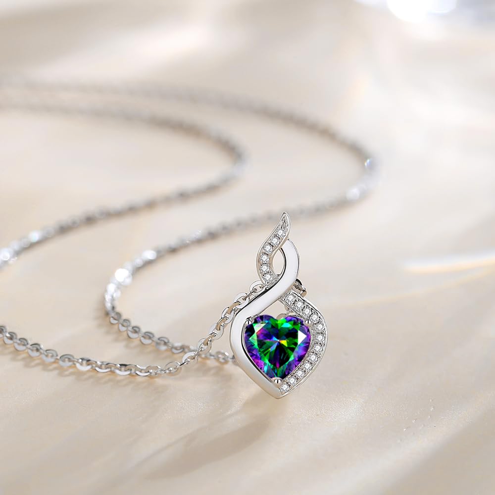 FANCIME Alexandrite Necklace 14K Solid White Gold Heart Pendant with Diamond June Birthstone Necklace Birthday Gifts for Mom Women