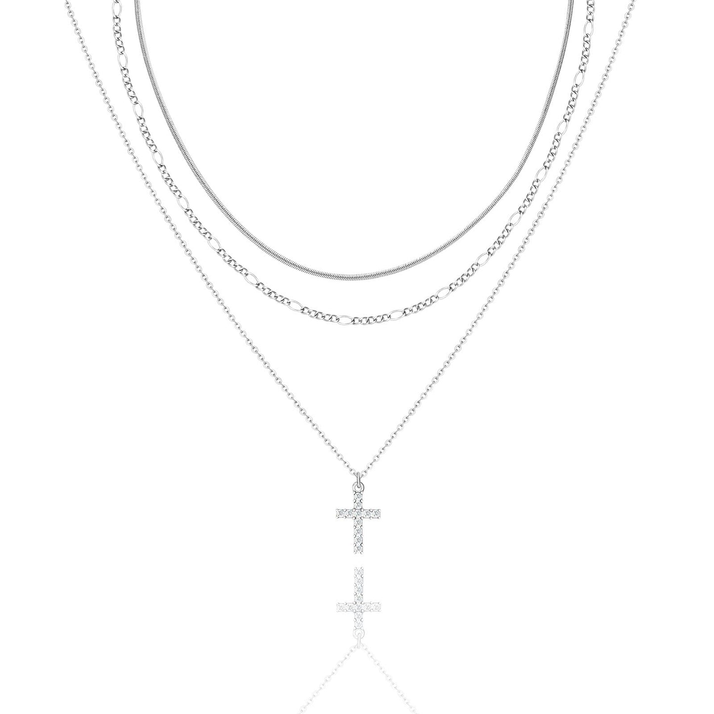 LANE WOODS 3-Piece Gold Layered Necklace Set for Women, 14k Gold Plated CZ Cross Pendant Choker, Dainty Stackable Adjustable Trendy Jewelry Gift for Wife Mom
