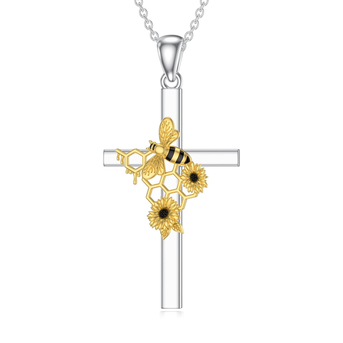 Flpruy Bumble Bee Cross Necklace 925 Sterling Silver Honeycomb Bee Jewelry Gifts for Women