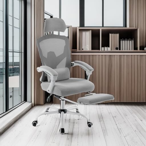 DUMOS Home Office Desk Chair with Footrest, High-Back Mesh Rolling Swivel Reclining Chairs with Wheels, Comfortable Headrest, Lumbar Support, Comfy Arms for Home, Office, Gaming, Student,Elegant Grey