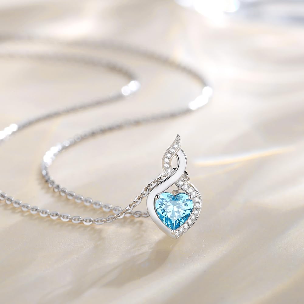 FANCIME Aquamarine Necklace 14K Solid White Gold Heart Pendant with Diamond March Birthstone Necklace Jewelry Gifts for Mom Women