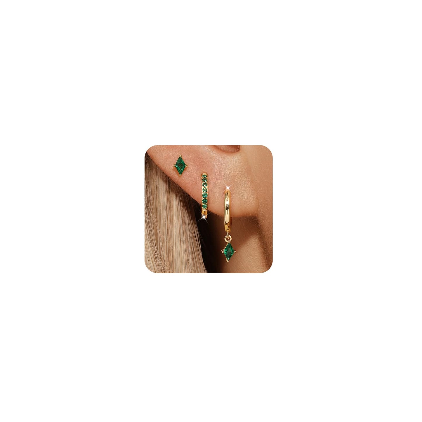 Angelady Gold Hoop Earrings Set for Women, Dainty 14K Gold Plated Green Huggies Earring, Hypoallergenic Dangle Cartilage Huggie Hoop Earring Stacks, Emerald Green Earrings Trendy Jewelry Gifts