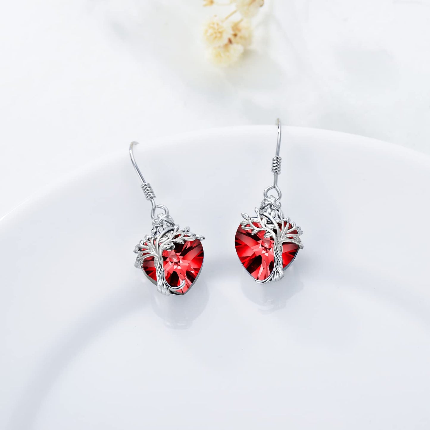 TOUPOP Heart Garnet Earrings Sterling Silver Tree of Life Earrings January Birthstone Jewelry Birthday Mothers Day Gifts for Women Mom Her