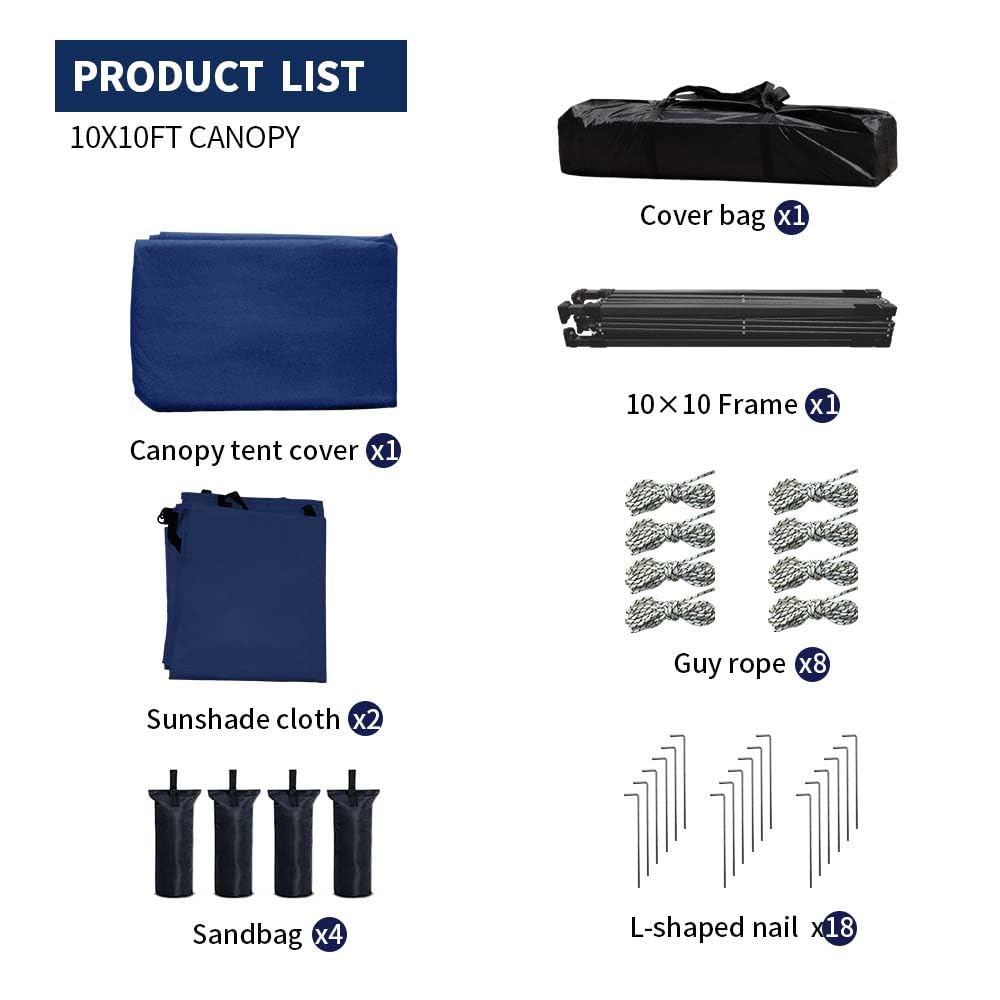 10x10 Pop Up Canopy Tent with 2 Sidewalls, Easy Up Canopy Upgraded Outdoor Party Sun Shade Tent Portable Gazebo for Beach Camping Events with Carry Bag and 4 Sand Bags (Navy Blue-New)