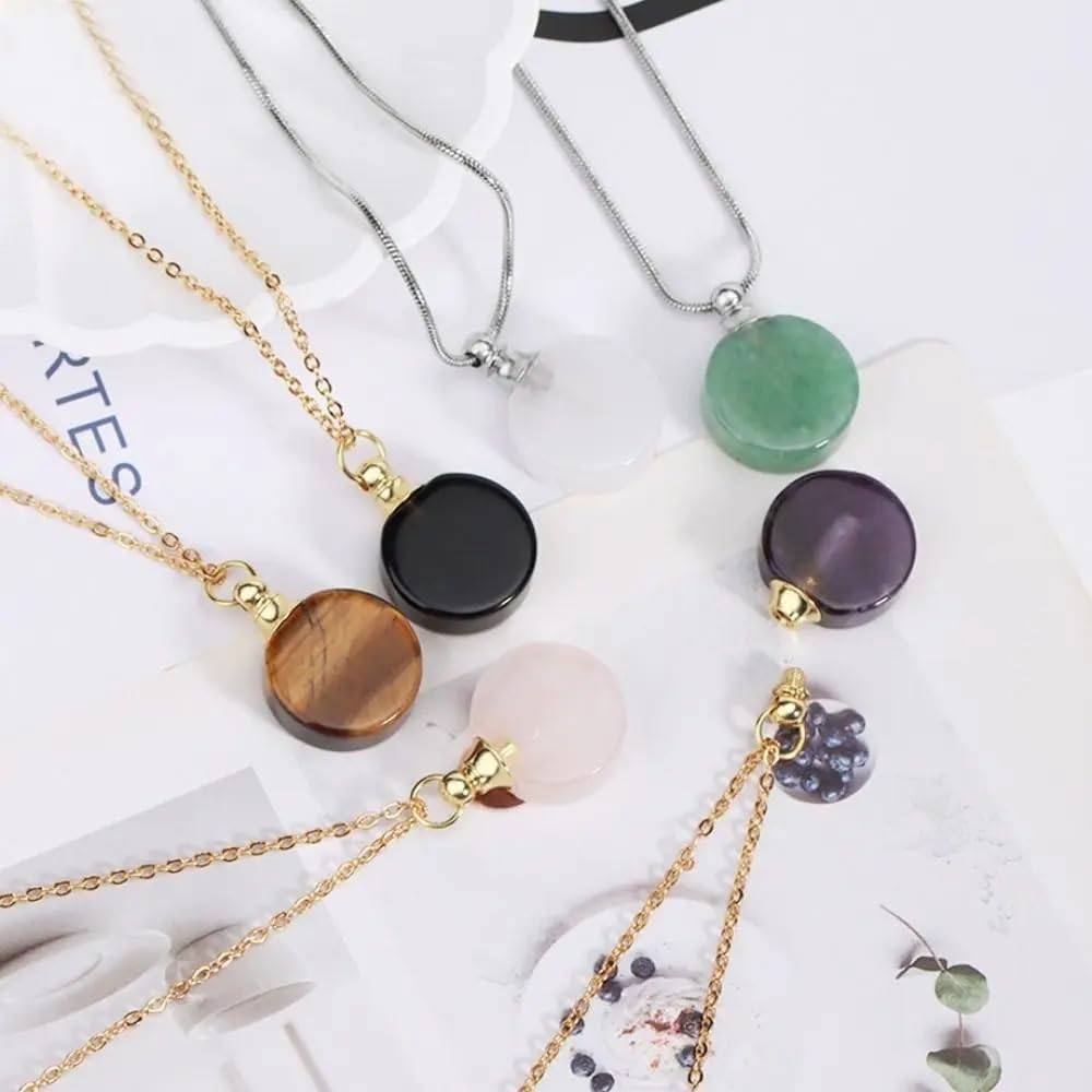 925 Sterling Silver Essential Oil Necklace For Women And Men, 14K Gold Filled Natural Stone Round Perfume Bottle Necklace, Essentials Oil Diffuser Vial Necklace (10 - Essential Oil Necklace)