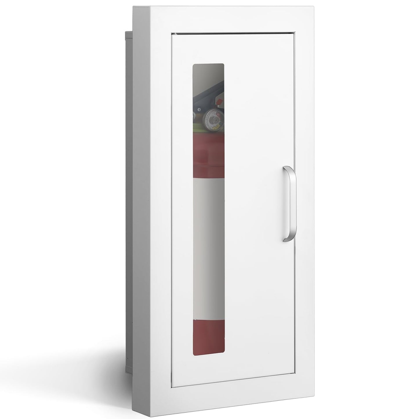 Zonon 1 Pcs Semi Recessed Fire Extinguisher Cabinet Industrial Architectural Wall Cabinet, Door with Handle Version for 10 Pound Dry Chemical Fire Extinguisher White