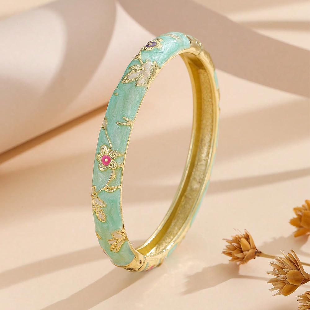 BlingNook Cloisonne Bracelet For Women, Chunky Bangle Trendy Cute Flower Enamel Bangles Multi Tone Engraved Cuff Gold Plated Bracelets Stackable Wife Jewelry Friendship Gift (Dark Green, One Size)