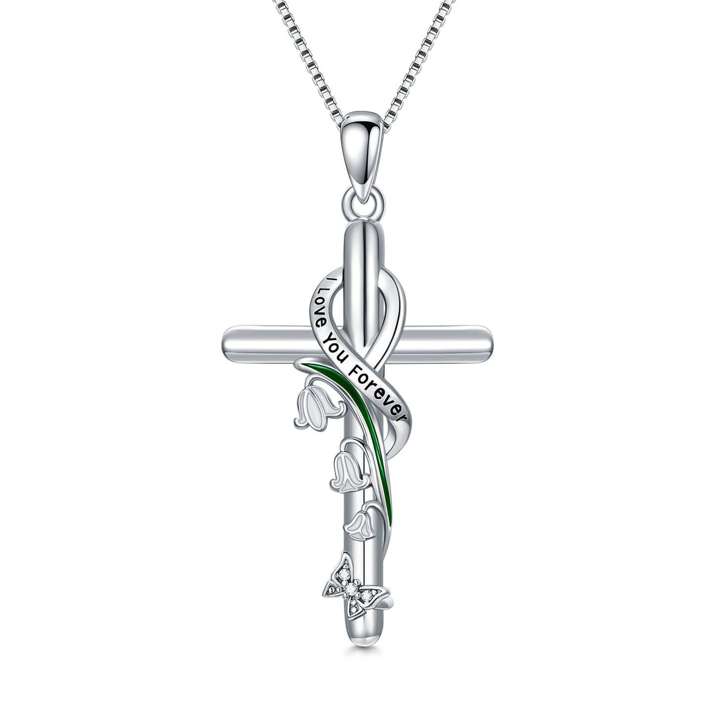 Flpruy Lily of the Valley Necklace 925 Sterling Silver May Cross Pendant Neckalce Lily of the Valley Jewelry Birth Month Flower Gifts for Women Her Mom