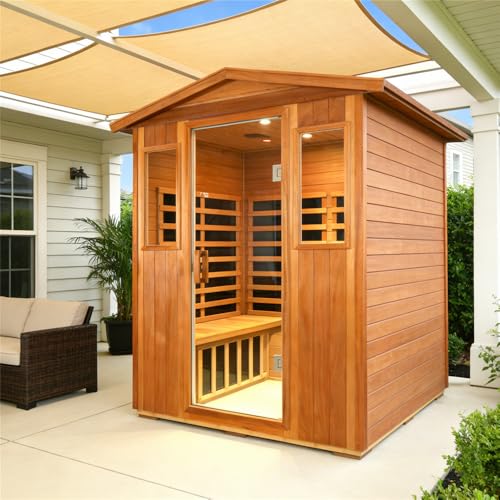 Kanlanth Outdoor Sauna 4 Person Low EMF Far Infrared Sauna for Home, 2050W Mahogany Wooden Sauna Room for Outdoor Indoor Home, with Blue-Tooth, LCD, LED