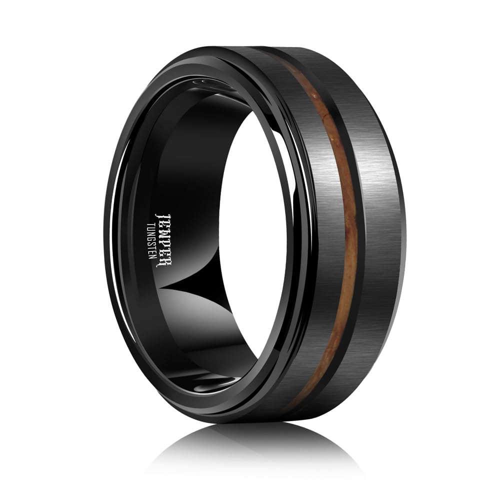 JEWPER 8mm Men Womens Wedding Band Tungsten Rings Black Fashion Promise Carbide Inlaid whiskey barrel wood Outer ring step edge sanding Matte Finish Edge Comfort Fit size(12)