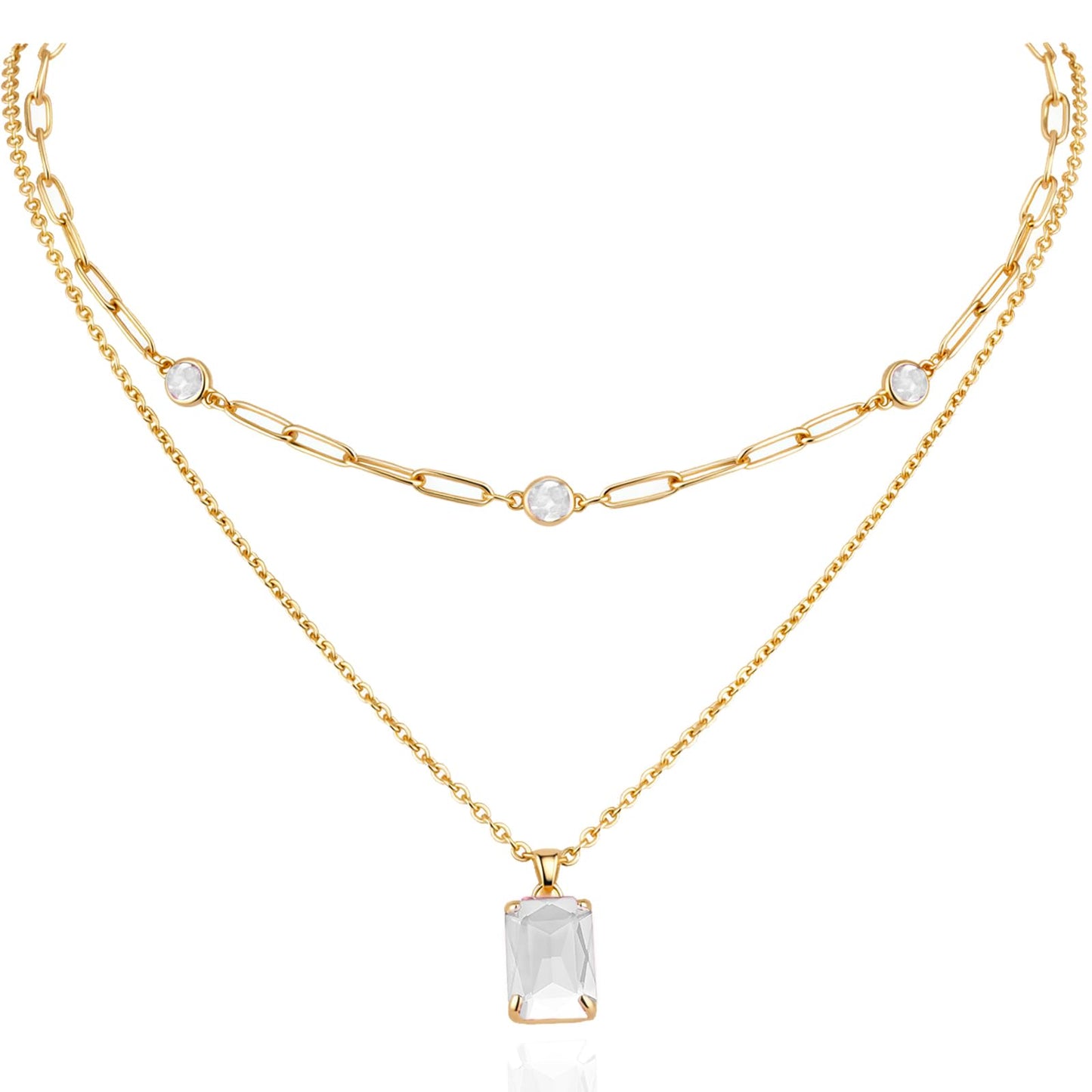 VANGETIMI Clear and Gold Layered Pendant Necklaces for Women 14k Gold Plated Crystal Choker Necklace Paperclip Rhinestone Necklace Party Prom Jewelry