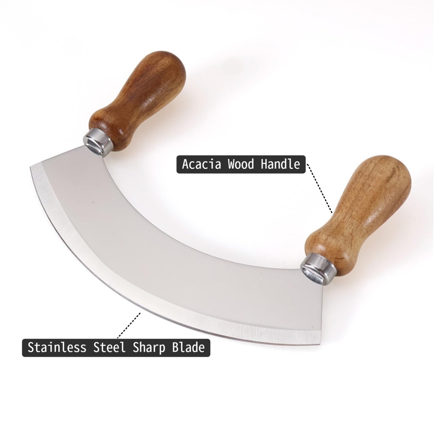 ROQILA 6.8 Inch Stainless Steel Mezzaluna Knife - Salad Chopper Rocker Pizza Cutter Rocker Knife Curved Blade Sharp Blade Double Acacia Wood Handle Fruit Vegetable Mincing (6.8 Inch Silver)