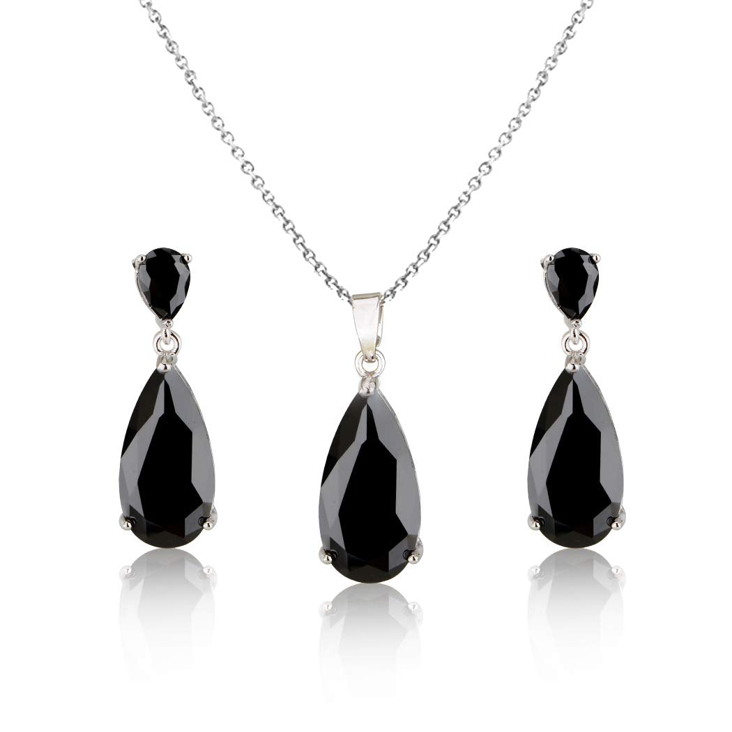 Mycitta Black Jewelry Set for Women - Formal 14k White Gold Plated Teardrop Cubic Zirconia Crystal CZ Rhinestone Drop Earrings and Pendant Necklace Set for Prom Party