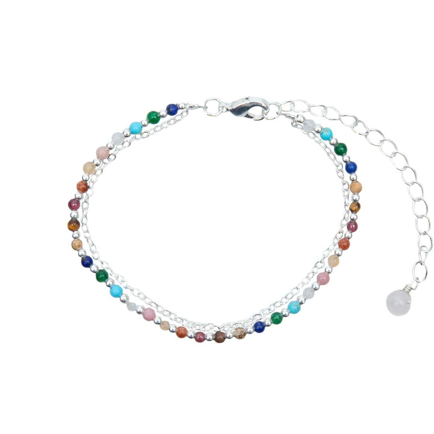 Lotus and Luna 2MM Master Healer Energy Chakra Healing Dainty Layered Bracelet with Real Stones Jade, Pearl, Rose Quartz, Amethyst, Moonstone (Master Healer Silver)