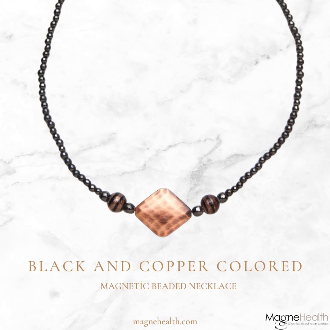 MAGNEHEALTH Black and Copper Colored Magnetic Beaded Necklace – 18"- Stylish Magnetic Necklace | Beaded Design with Copper Accents | Wellness & Fashion Accessory