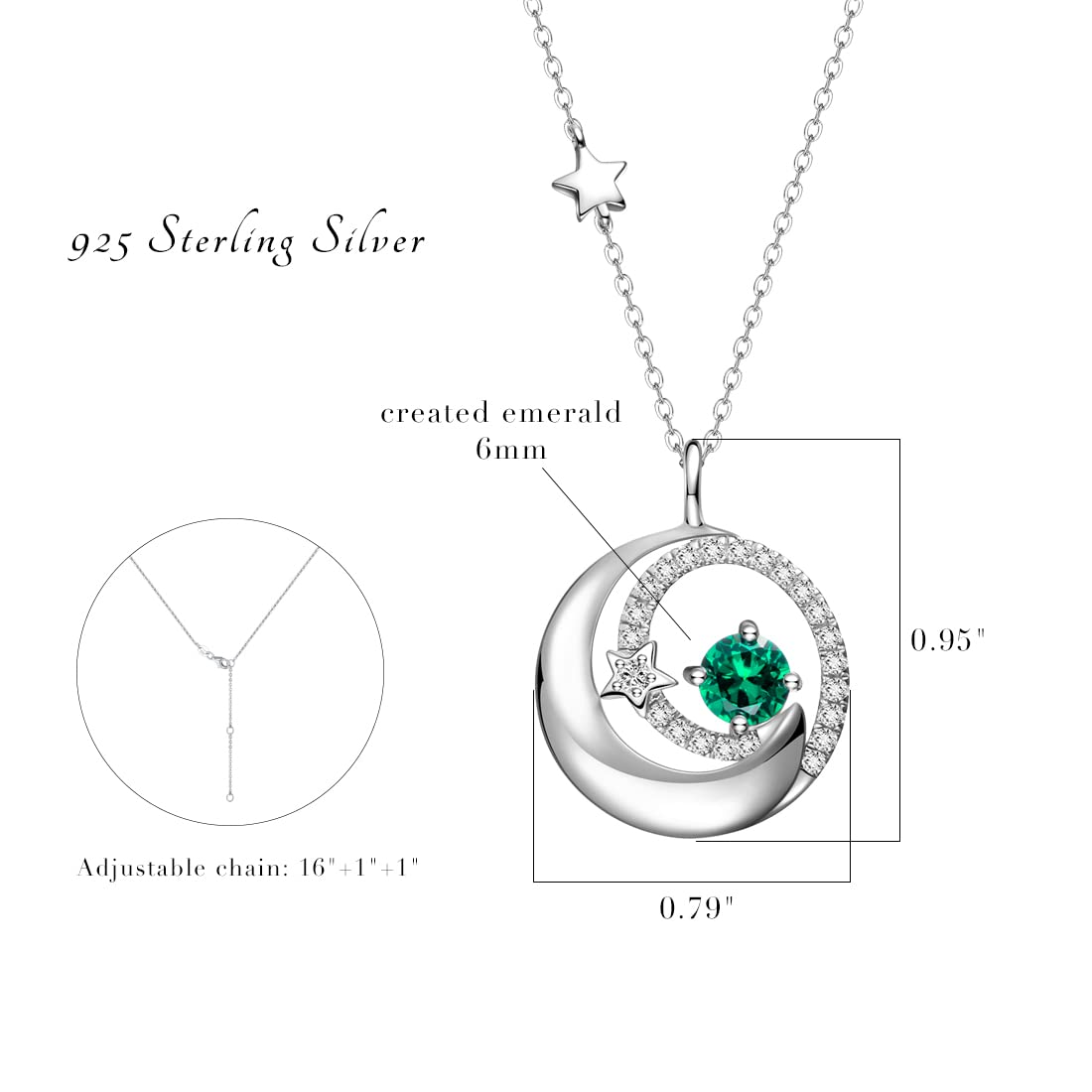 FANCIME Moon Star Necklace, Emerald May Birthstone Necklace for Women 925 Sterling Silver Pendant Green Fine Jewelry Anniversary Birthday Mothers Day Gifts for Mom Women Daughter, Adjustable Chain 16"+2"
