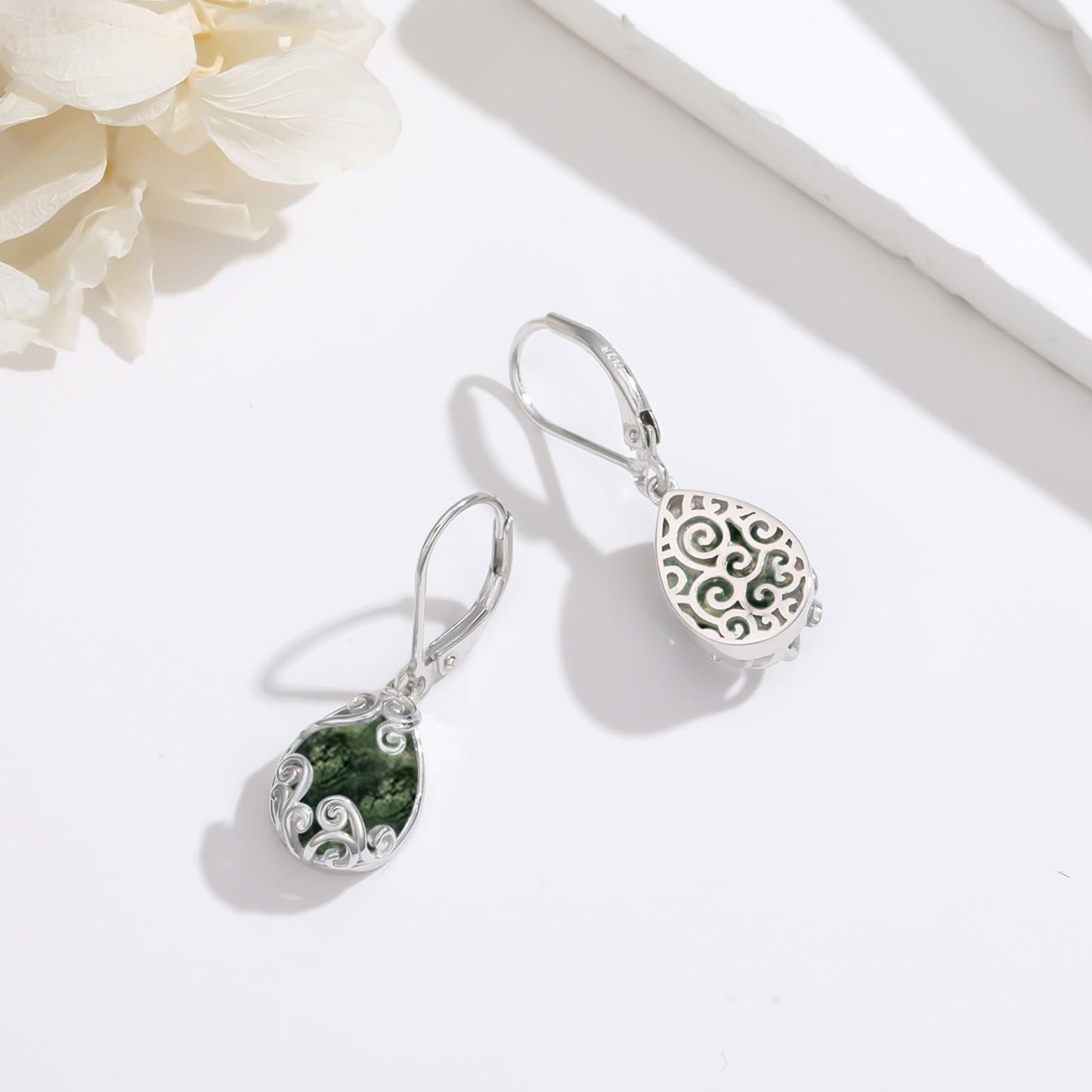 KoyeKei Moss Agate Filigree Leverback Earrings for Women 925 Sterling Silver Moss Agate Teardrop Dangle Drop Earrings Jewelry Filigree Gradution Gifts for Daugther Sister Girlfriend