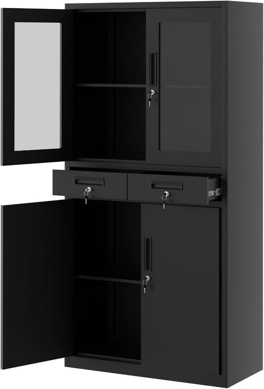 KOKEBREN 71" Black Metal Storage Cabinet w/Glass Doors | 2 Drawers + 2 Adjustable Shelves, Lock Feature | for Garage, Home Office Organization
