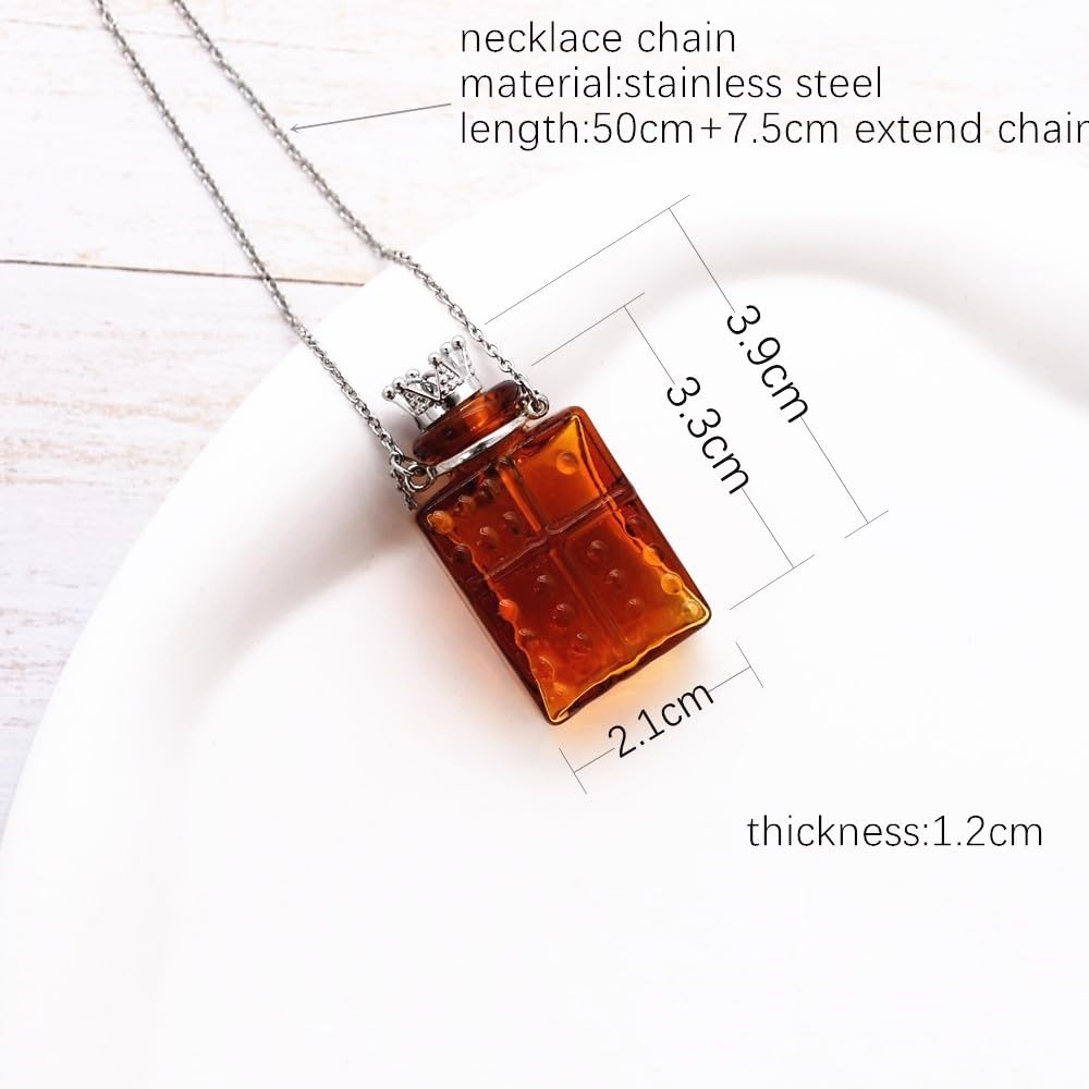 Handcrafted Glaze Glass Square Refillable Essential Oil Necklace Pendant - Aromatherapy Perfume Diffuser Pendant with Stainless Steel Chain (Brown)