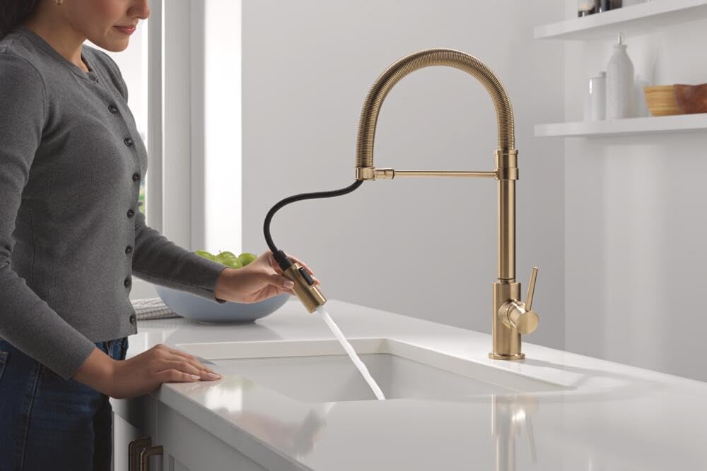 Delta Trinsic Pro Style Commercial Kitchen Faucet with Pull Down Sprayer, Single Hole Brushed Gold Kitchen Sink Faucet, Single Handle, Champagne Bronze 9659-CZ-DST