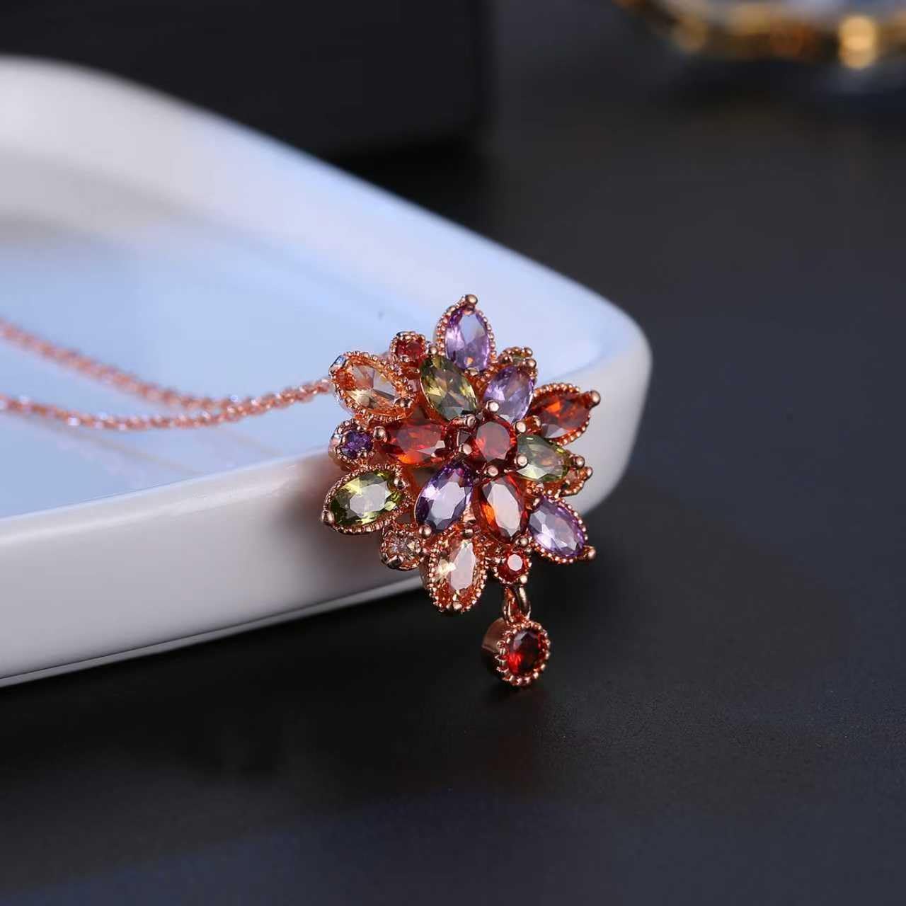 Kim Carrey Italian Elegant Rose Gold Necklace for Ladies | 18K Rose Gold Plated Necklace Pendant for Women | Gemstone necklace, Gift for Daughter, Wife, Mom, Her Jewelry (Ruby Pendant and Flower)