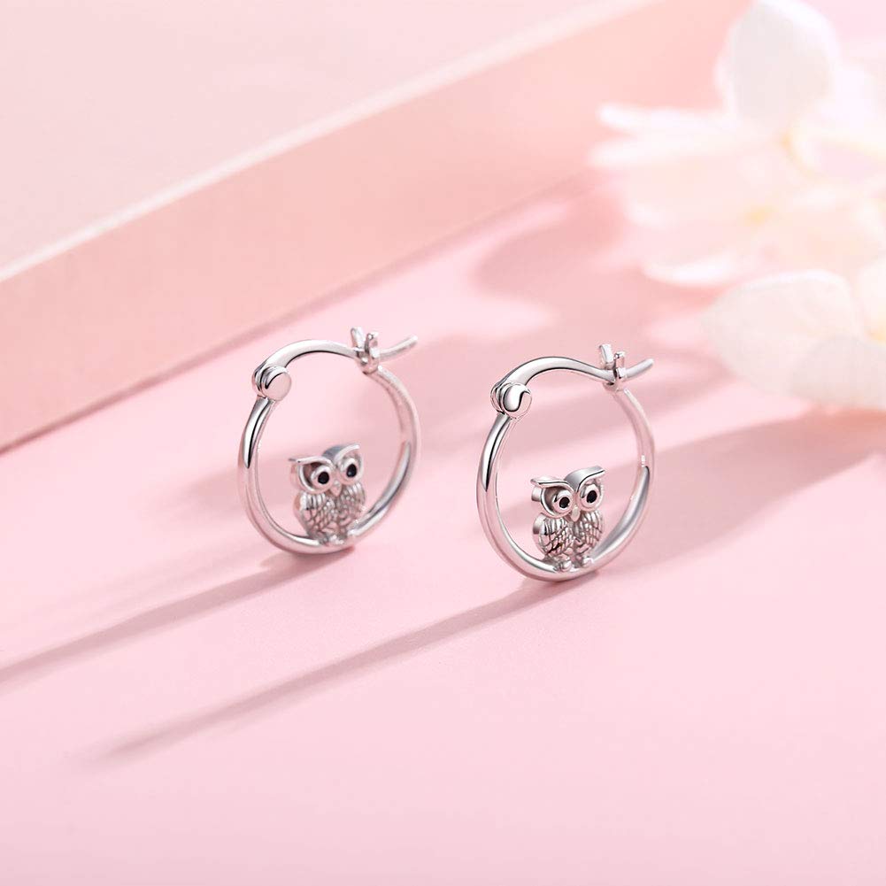 Silver Owl Hoop Earrings for Women 925 Sterling Silver Small Owl Huggie Hoop Earrings Jewelry Graduation Gifts