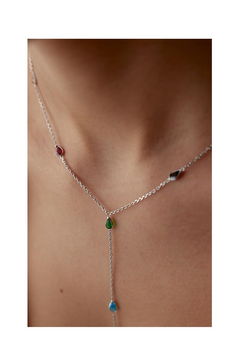 joy-d Colorful Gemstone Lariat Necklace for Women – Elegant Y Necklace with Teardrop Charms. Gold Plated Desginer Necklace - Gift for Her (Silver)