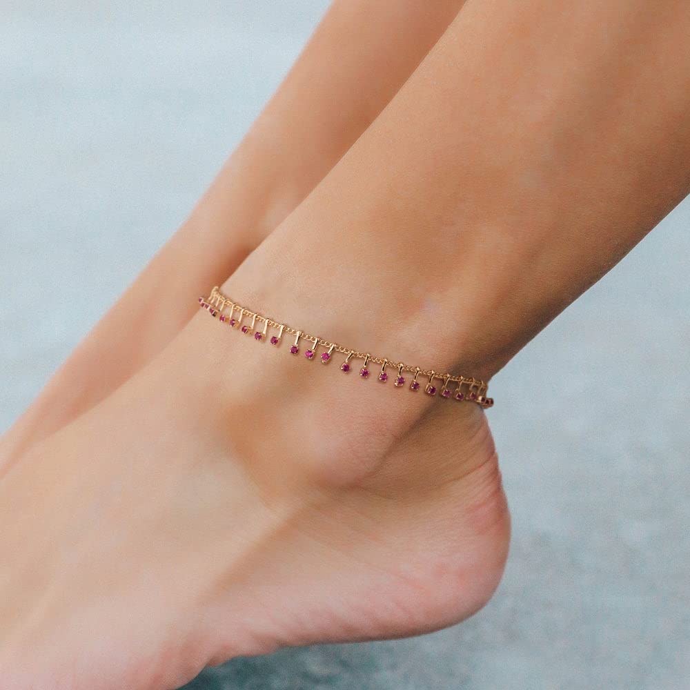 MTMY Gold Anklets for Women 14K Gold Plated Green Rose Colorful Cubic Zirconia Tassel Foot Chain Dainty Cute Summer Beach Boho Anklets Jewelry Gift (nano-rose)