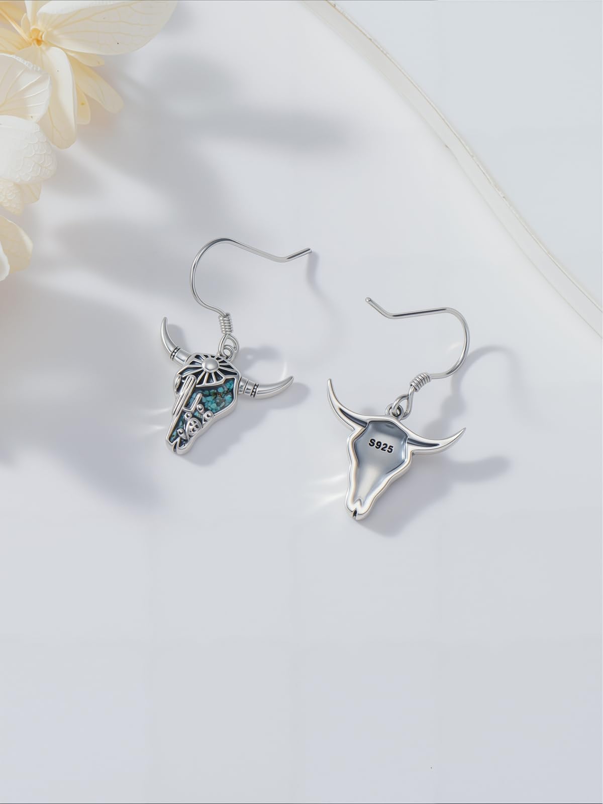 KoyeKei Cow Skull Earrings for Cowgirl Cowboy Sterling Silver Texas Longhorn Cactus Turquoise Dangling Drop Earrings Western Jewelry Country Christmas Graduation Gifts for Women