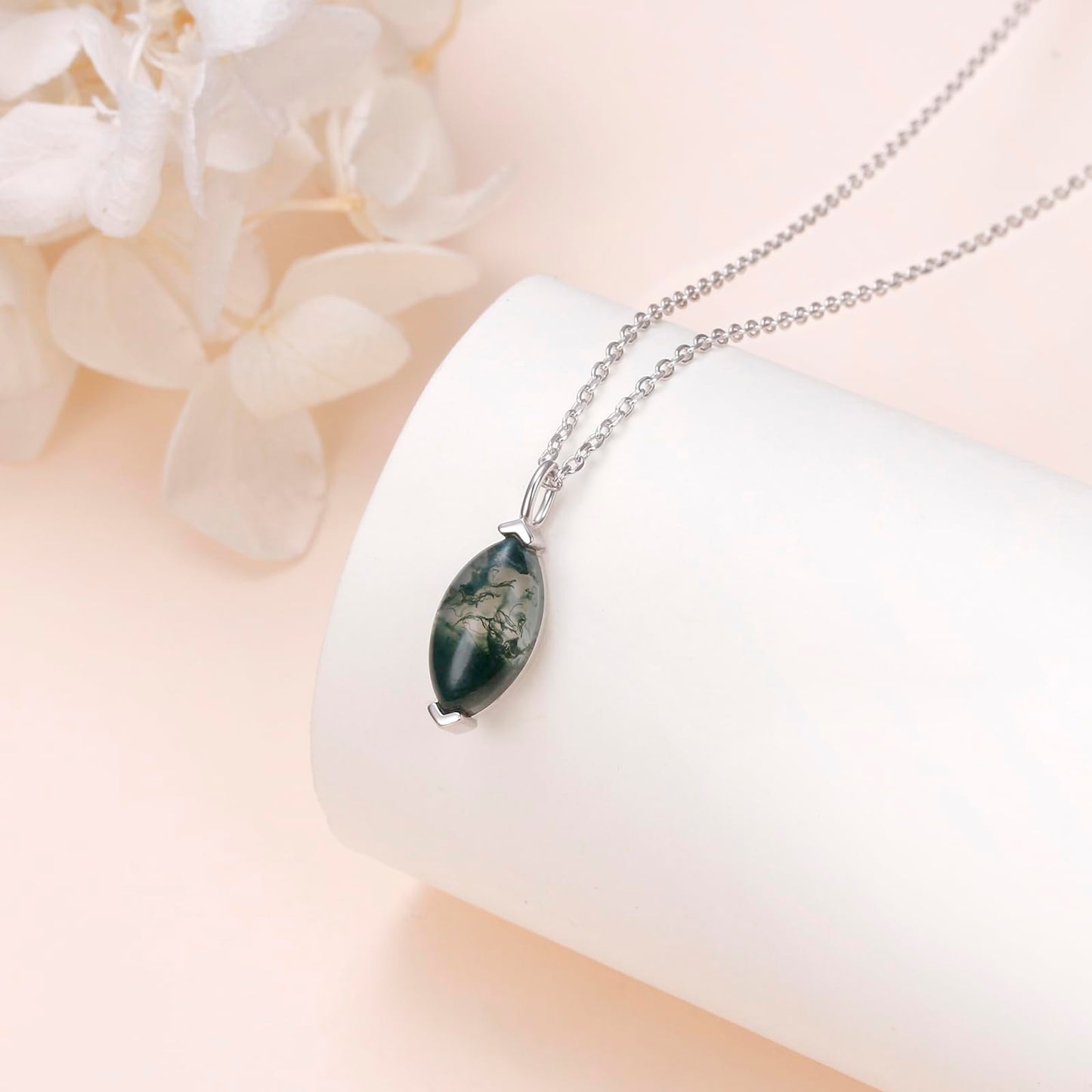 FLYOW Dainty Marquise Necklace 925 Sterling Silver Natural Moss Agate Solitaire Pendant Jewelry for Women Birthday Gifts (Moss Agate Marquise)